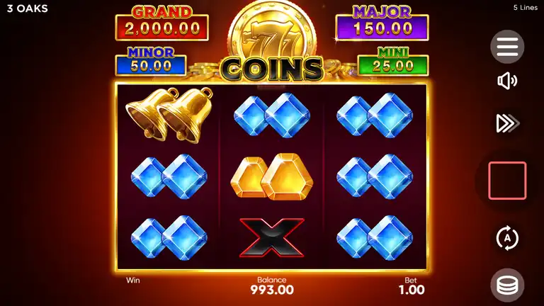 777 Coins-spelautomat från 3 Oaks Gaming - 3x3-spelplan med jackpottfält överst