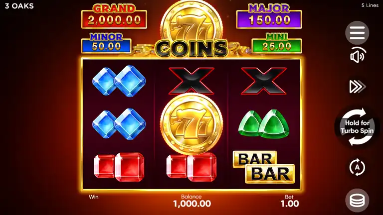 777 Coins sessionsstart snurr 1 saldo 999.00 vid insats 1.00