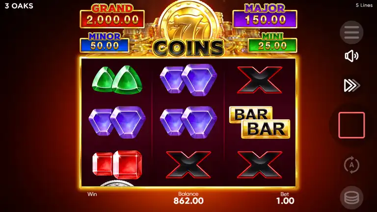 777 Coins snurr 449 kontrollpunkt saldo 862.00 vid insats 1.00