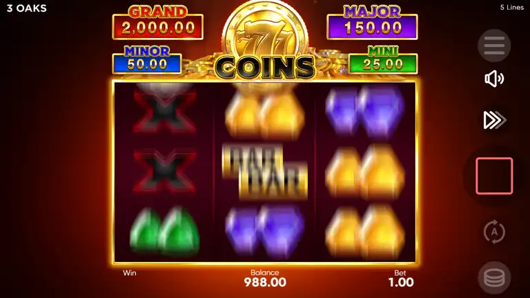 777 Coins snurr 1698 sista kontrollpunkt saldo 988.00 vid insats 1.00 sessionsslut