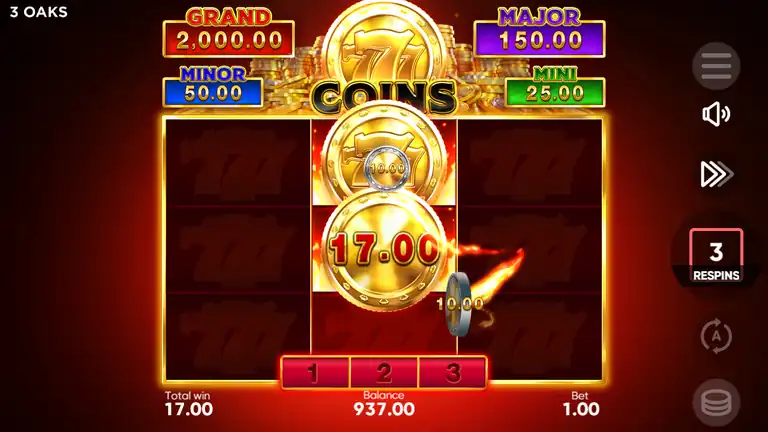 777 Coins HOLD & WIN-bonusbräde under snurr 1410 - myntvärden låsta i 3x3-spelplanen med RESPINS-räknare på 3 och totalvinst som stiger till 17.00