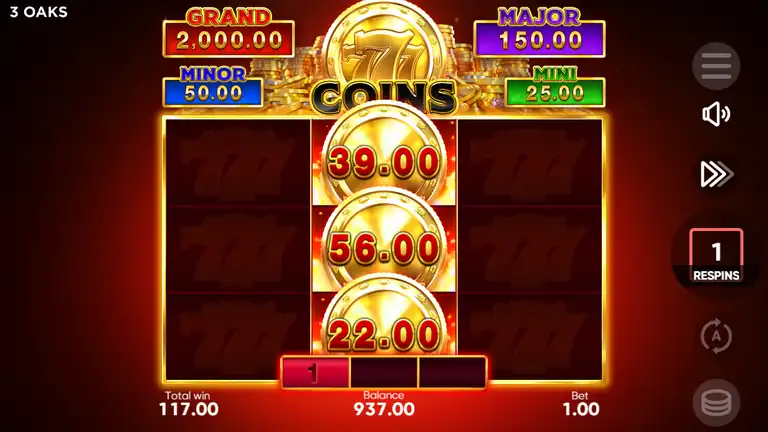 777 Coins HOLD & WIN bästa sessionsresultat snurr 1410 - tre COLLECT-symboler med myntvärden 39.00 56.00 22.00 totalvinst 117.00 RESPINS på 1 saldo 937.00
