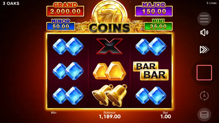 777 Coins saldo på 1189.00 nära sessionens topp runt snurr 835 under bonusklusterperiod vid insats 1.00