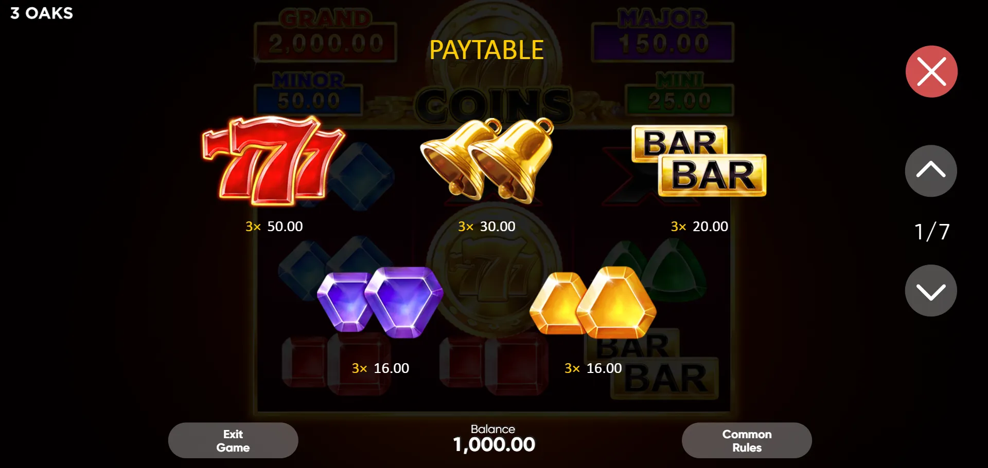 777 Coins PAYTABLE sida 1 av 7 som visar toppsymboler: 777 vid 3x 50.00, Bell vid 3x 30.00, BAR BAR vid 3x 20.00, lila ädelsten och gul ädelsten båda vid 3x 16.00, saldo 1,000.00