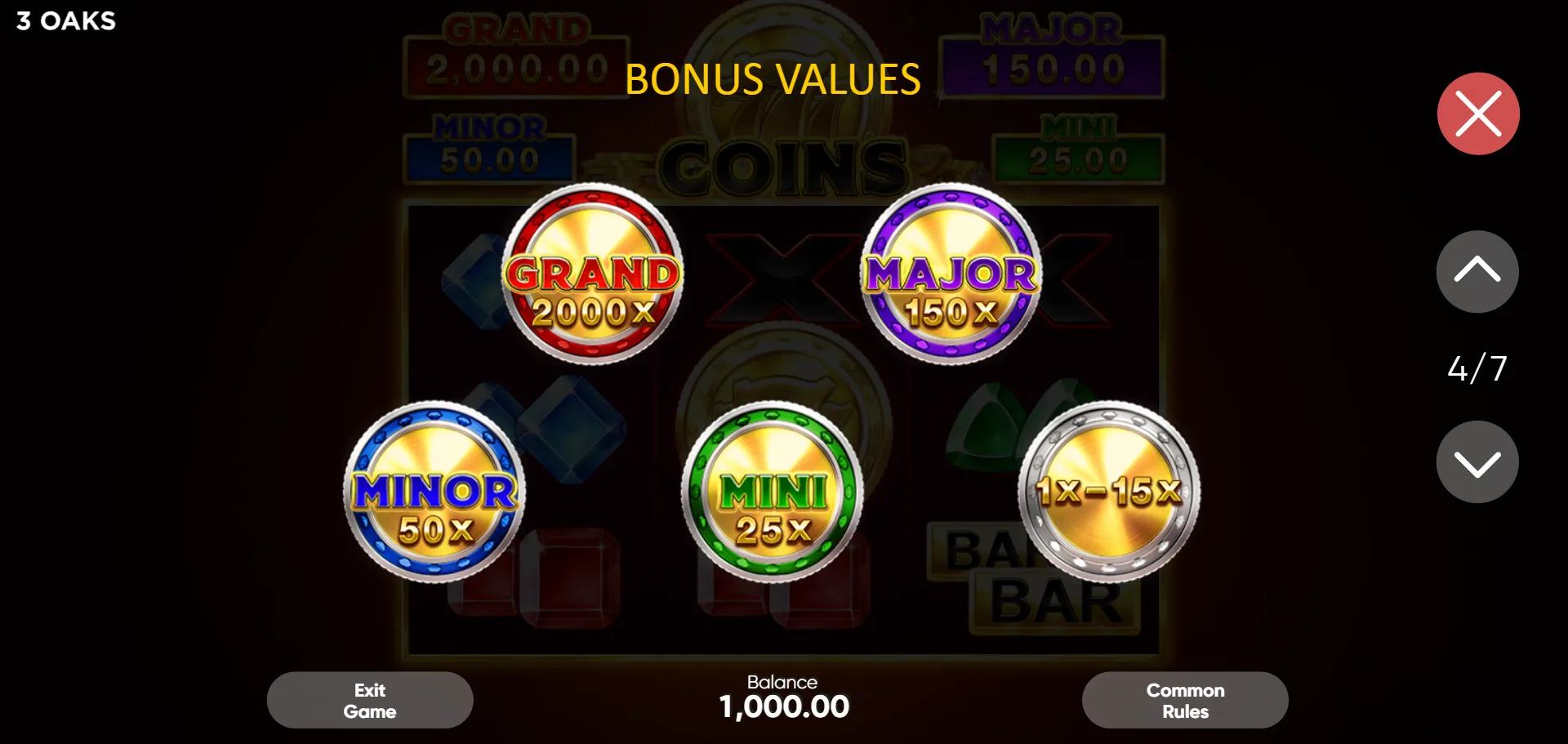777 Coins BONUS VALUES-sida som visar alla fem mynttyper: GRAND 2000x i röd ring, MAJOR 150x i lila ring, MINOR 50x i blå ring, MINI 25x i grön ring, och vanligt bonusmynt 1x till 15x i silverring, saldo 1,000.00