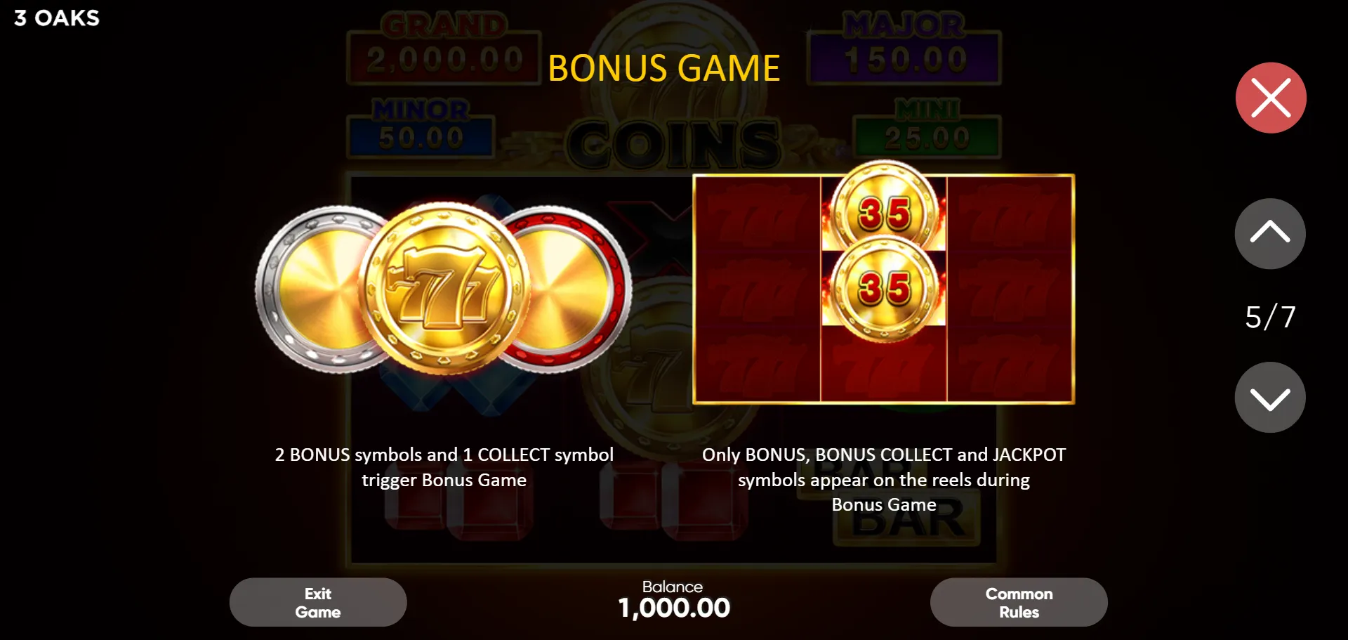 777 Coins BONUS GAME-regelsida som visar utlösning: 2 BONUS-symboler och 1 COLLECT-symbol aktiverar spelet, plus en bild av bonusbrädet 3x3 med myntvärdet 35 i två positioner, saldo 1,000.00